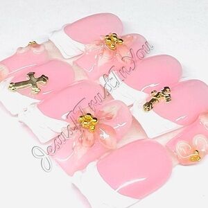 Pink Floral Cross Press-On Nails - Women Makeup Press-On Nails